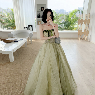 Green tulle lace long prom dress a line evening dress - Thumbnail 2