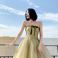 Green tulle lace long prom dress A line evening dress - Thumbnail 1