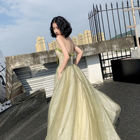 Green tulle lace long prom dress A line evening dress - Thumbnail 2