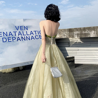 Green tulle lace long prom dress A line evening dress - Thumbnail 4