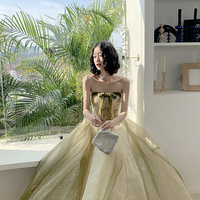 Green tulle lace long prom dress A line evening dress - Thumbnail 5