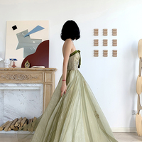 Green tulle lace long prom dress A line evening dress - Thumbnail 6