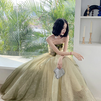 Green tulle lace long prom dress A line evening dress - Thumbnail 7