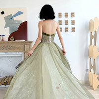 Green tulle lace long prom dress A line evening dress - Thumbnail 8