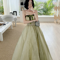 Green tulle lace long prom dress A line evening dress - Thumbnail 9