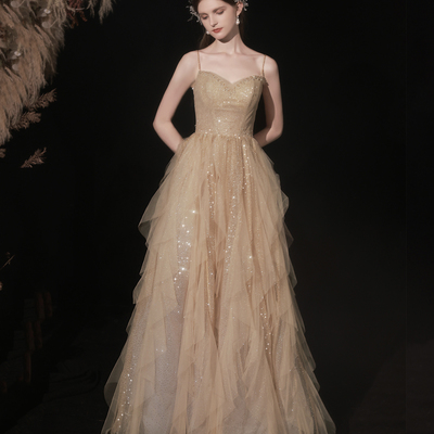 Gold tulle sequins long prom dress a line evening dress - Thumbnail 1