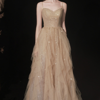 Gold tulle sequins long prom dress A line evening dress - Thumbnail 1