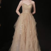 Gold tulle sequins long prom dress A line evening dress - Thumbnail 4