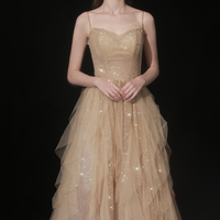 Gold tulle sequins long prom dress A line evening dress - Thumbnail 2