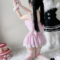 5 Pieces Sexy Maid Cat Girl Cosplay Pink & Black Lingerie Tops Skirt - Thumbnail 4