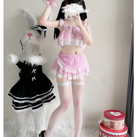5 Pieces Sexy Maid Cat Girl Cosplay Pink & Black Lingerie Tops Skirt - Thumbnail 1
