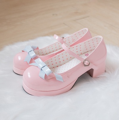 Japanese Harajuku Gothic Princess Doll Sweet Cute Girl Bow Heart Love Mary Jane Black Pink White Red Leather High Heels Shoes