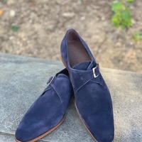 New Handmade Men's Blue Single Monk Strap Suede Wedding Wear Shoes - Thumbnail 1