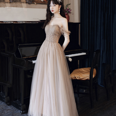 Stylish tulle beads long prom dress evening dress - Thumbnail 1