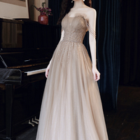 Stylish tulle beads long prom dress evening dress - Thumbnail 1