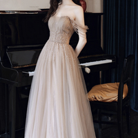 Stylish tulle beads long prom dress evening dress - Thumbnail 6