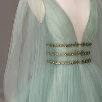 Green tulle beads long prom dress A line evening dress - Thumbnail 1