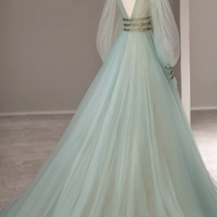 Green tulle beads long prom dress A line evening dress - Thumbnail 2