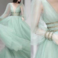 Green tulle beads long prom dress A line evening dress - Thumbnail 3