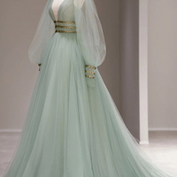 Green tulle beads long prom dress A line evening dress - Thumbnail 4