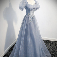 Cute tulle sequins long prom dress evening dress - Thumbnail 1