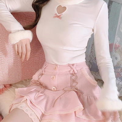 Cute sexy pastel white & pink fur plush sweaters tops - Thumbnail 2