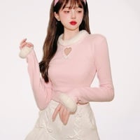 Cute Sexy Pastel White & Pink Fur Plush Sweaters Tops - Thumbnail 6