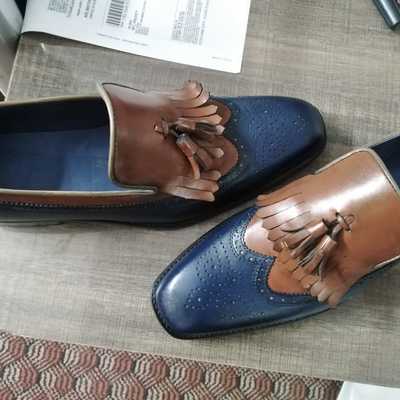 Men's handmade two tone tassels loafer shoes, leather fringe brogue style shoes - Thumbnail 4