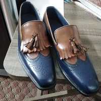 Men's Handmade Two Tone Tassels Loafer Shoes, Leather Fringe Brogue Style Shoes - Thumbnail 1