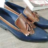 Men's Handmade Two Tone Tassels Loafer Shoes, Leather Fringe Brogue Style Shoes - Thumbnail 2