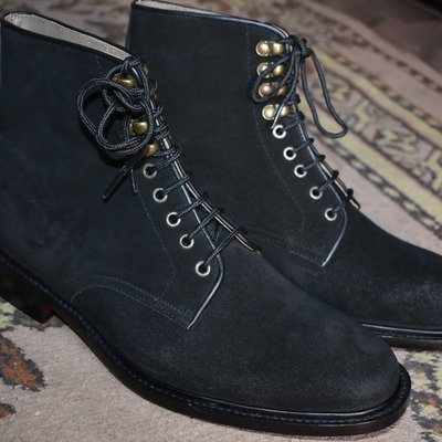 Luxury men's handmade black suede lace up formal boot - Thumbnail 3