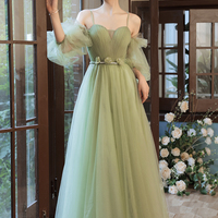 Green tulle long prom dress A line evening dress - Thumbnail 2