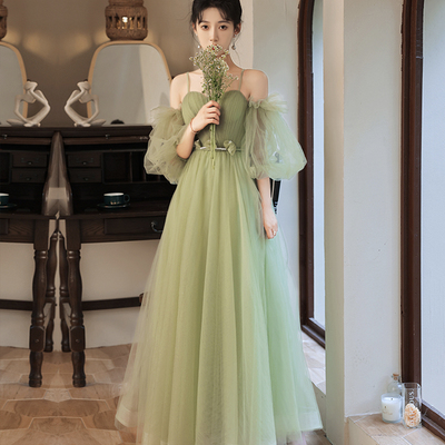 Green tulle long prom dress a line evening dress