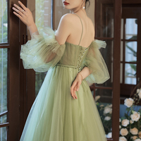 Green tulle long prom dress A line evening dress - Thumbnail 6