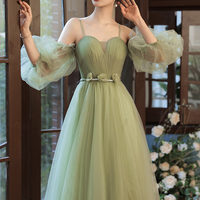 Green tulle long prom dress A line evening dress - Thumbnail 5