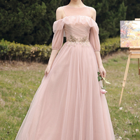 Pink tulle lace long prom dress A line evening dress - Thumbnail 2