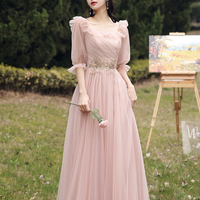 Pink tulle lace long prom dress A line evening dress - Thumbnail 5