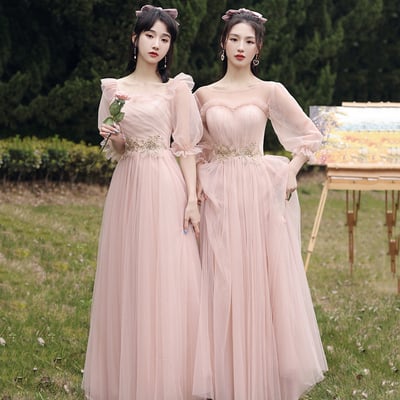 Pink tulle lace long prom dress a line evening dress - Thumbnail 3