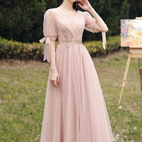 Pink tulle lace long prom dress A line evening dress - Thumbnail 1