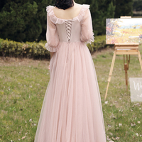 Pink tulle lace long prom dress A line evening dress - Thumbnail 6
