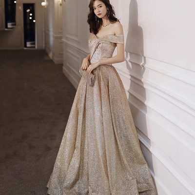 Gold tulle sequins long prom dress a line evening dress