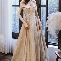 Gold tulle sequins long prom dress A line evening dress - Thumbnail 1