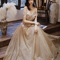 Gold tulle sequins long prom dress A line evening dress - Thumbnail 3