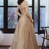 Gold tulle sequins long prom dress A line evening dress - Thumbnail 4