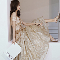 Gold tulle sequins long prom dress A line evening dress - Thumbnail 5