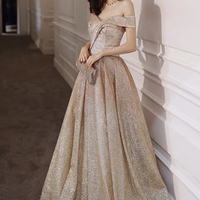 Gold tulle sequins long prom dress A line evening dress - Thumbnail 6