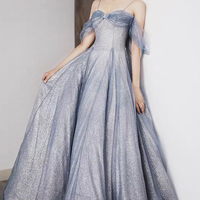 Blue tulle sequins long prom dress blue evening dress - Thumbnail 5