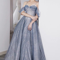 Blue tulle sequins long prom dress blue evening dress - Thumbnail 1
