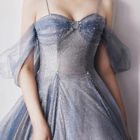 Blue tulle sequins long prom dress blue evening dress - Thumbnail 4