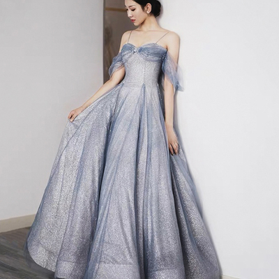 Blue tulle sequins long prom dress blue evening dress